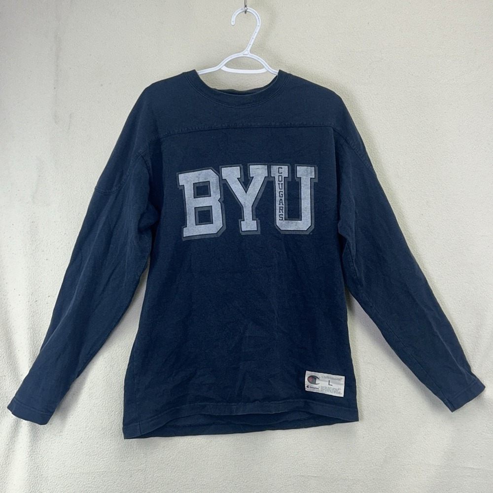 Champion BYU Cougars College Navy Long Sleeve Pullover Heavyweight T Shirt Sz L